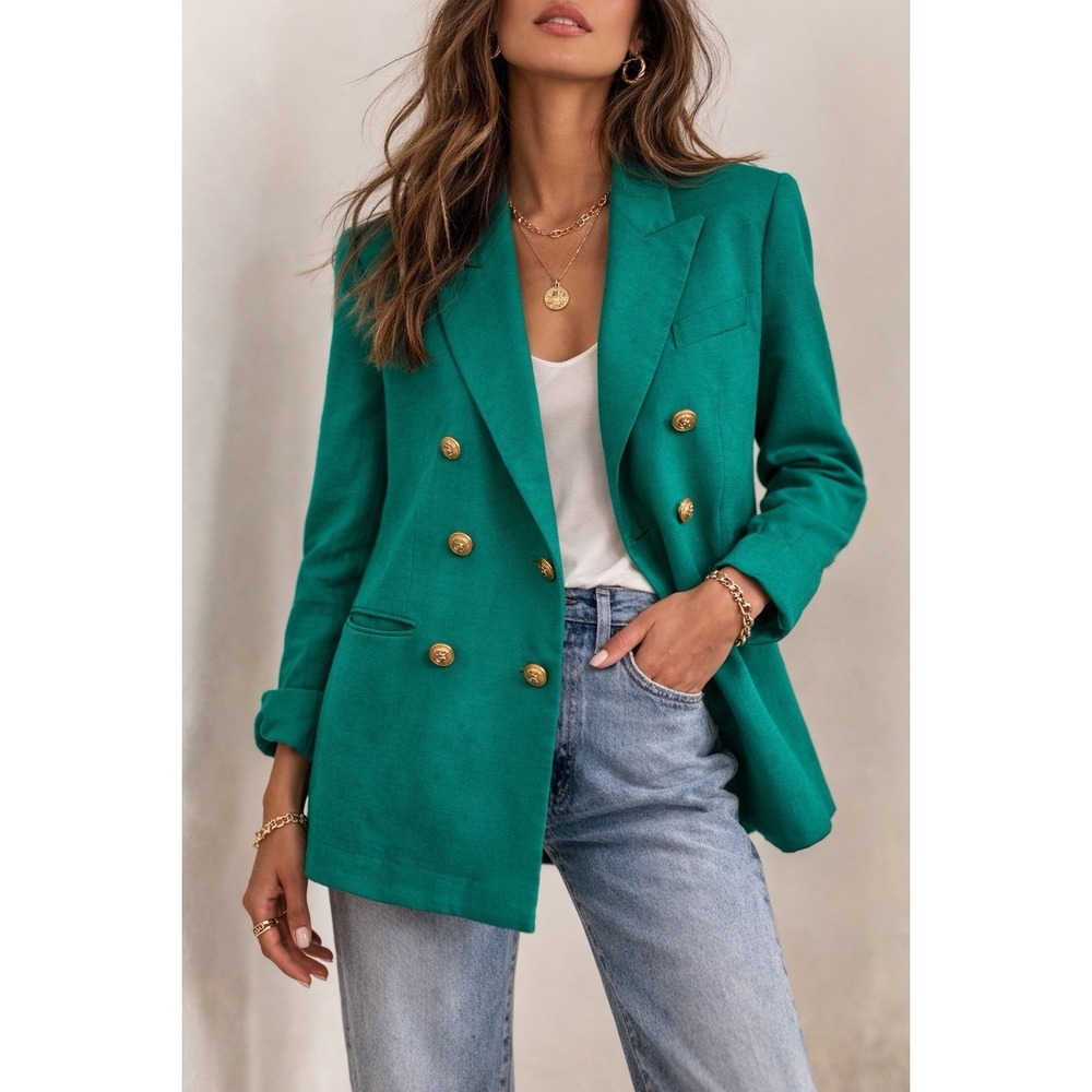 VTG 90s Talbots Size 4 Emerald Viscose Rayon Gold Button Double Breasted Blazer